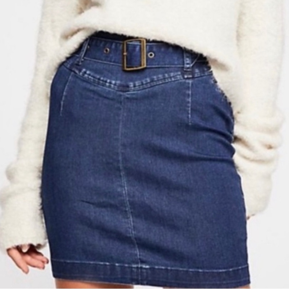 Free People Livin It Up Denim Skirt Pencil Mini Skirt Belted Dark Wash Stretch 4